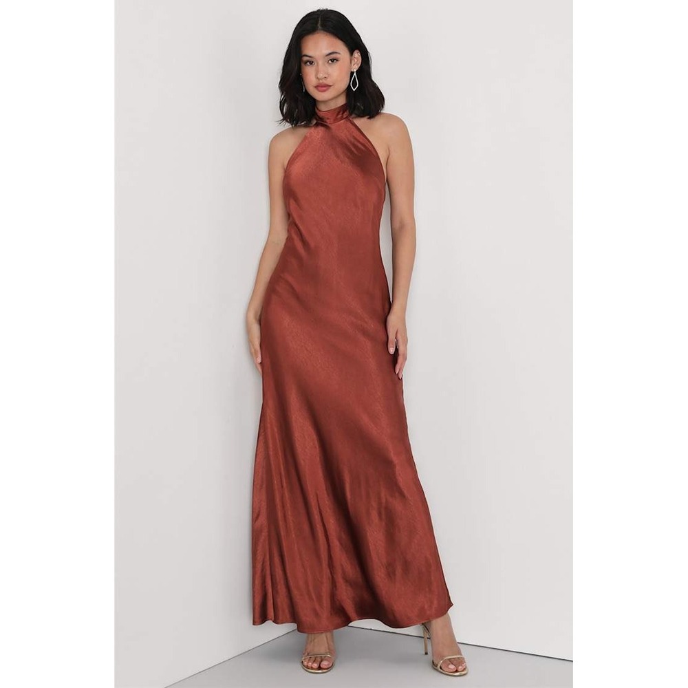Lulus Love in Your Life Satin Halter Maxi Dress Copper Brown Open Back‎ XS NEW